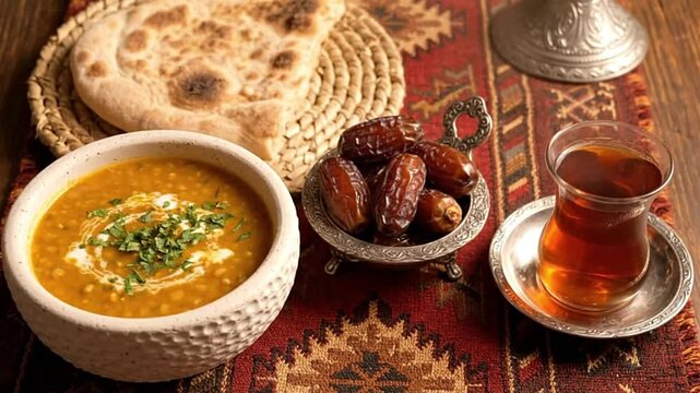 A table laid with lentil soup flatbread dates and tea set on an ornate rug