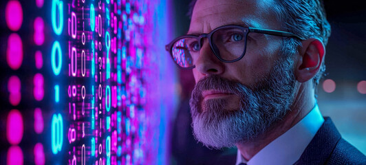 Man analyzing digital data on a futuristic display screen