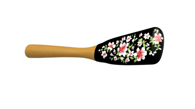 Wooden handled black kitchen utensil with floral painting