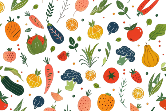Colorful, hand-drawn pattern of various fruits and vegetables