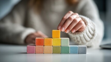 Mother builds colorful figure with magnetic cubes at a white desk