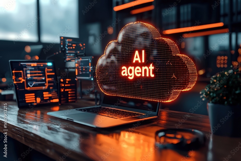 Poster digital ai agent displayed on a futuristic computer setup in a modern workspace