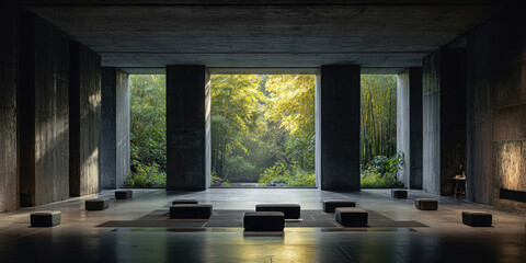 Fototapeta premium Contemplative Concrete Sanctuary A Serene Space for Reflection and Meditation with Nature's Embrace Outside View