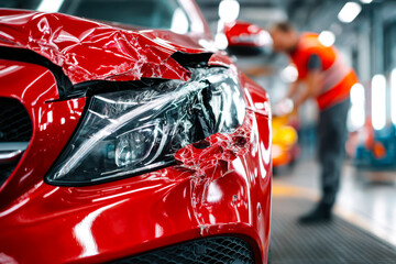 Damaged red sports car after collision in an auto repair shop