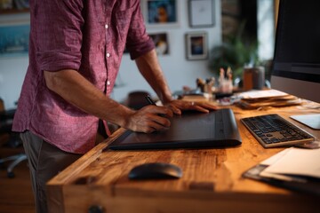 Person resting on a wooden desk in a studio using a graphics tablet with a stylus keyboard and mouse Contemporary creative urban professional workspace