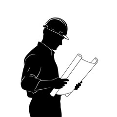 Silhouette of an engineer in hard hat looking at blueprint isolated on white background