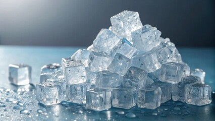  Pile of wet ice cubes with water drops on a blue surface.