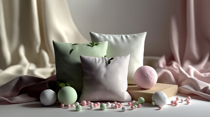 Minimalist Pink & Green Abstract Pillow on White Leather &ndash; Soft 3D Matte Render, Smooth Blank Background, Modern Home Decor