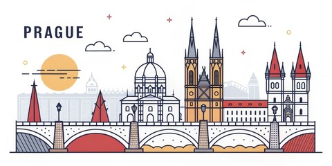 Prague Skyline Illustration with Bridge and Buildings, Cityscape , Czech Republic