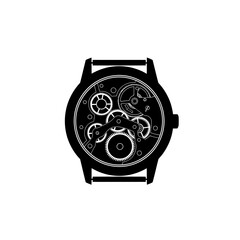 Black silhouette of a watch mechanism with gears and springs isolated on white background
