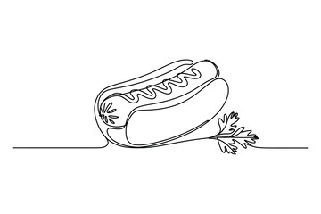 One Line Drawing of Hot Dog with Parsley, Minimal Snack Vector Illustration