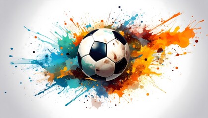 Soccer ball surrounded by colorful paint splatters
