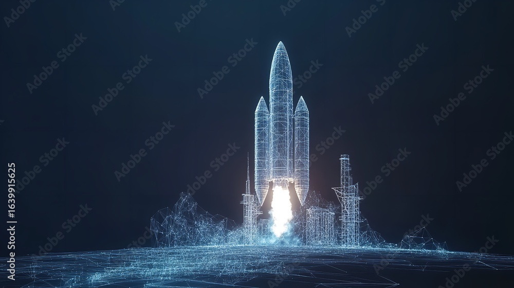 Poster digital rendering of a space shuttle launching with glowing lines and dark background design art