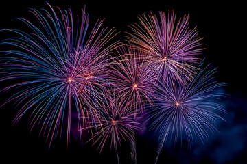 Colorful fireworks illuminate the night sky during a festive celebration, creating a vibrant and magical display