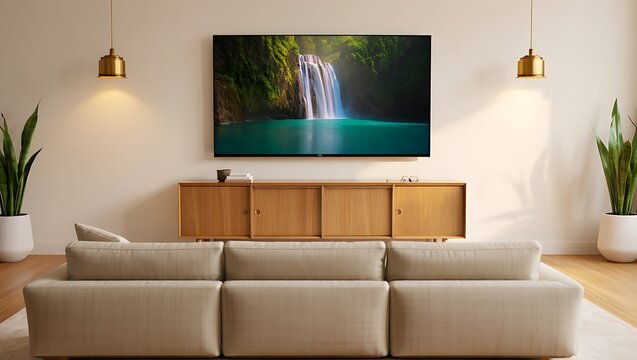 Modern Living Room Interior with Waterfall Display on Television Home Decor and Comfortable Sofa