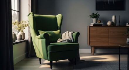 Green armchair and wooden sideboard in a bright, stylish living room