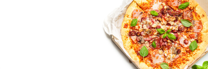 Pizza Margarita in a cardboard box on white background.