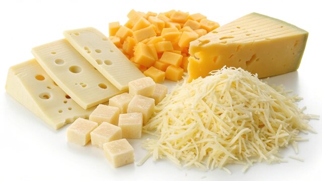Cheese assortment with slices, cubes and grated cheese isolated on white background