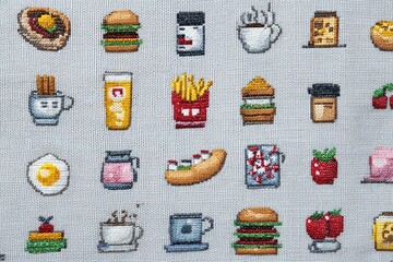 modern kitchen towel with pixelated food icons