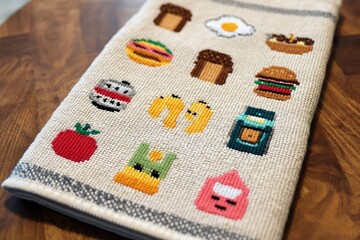 modern kitchen towel with pixelated food icons
