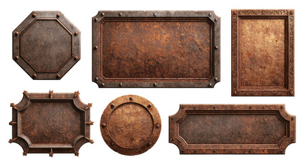 Six ornate, rusty metal plaques in various shapes.  Different sizes,  octagonal, rectangular, rounded, bordered with riveted metal.  Rustic, aged appearance