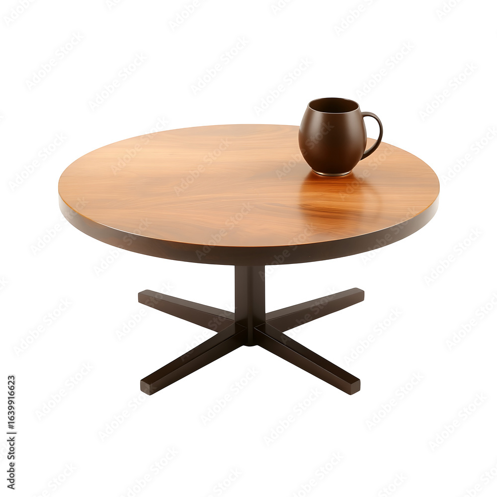 Poster a rustic wooden coffee table with a dark mug placed on its surface isolated on transparent backgroun