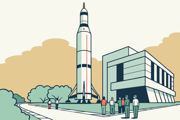 rocket standing tall at the U.S. Space & Rocket Center in huntsville alabama with tourists taking photos