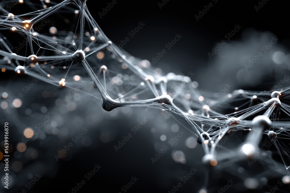 Poster geometric network on dark backdrop showing connection points with lines and bokeh effects