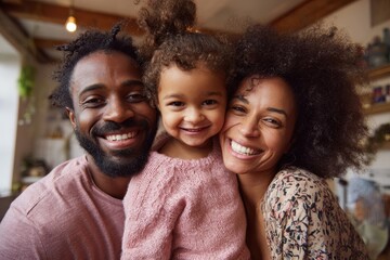 Image of a joyful Black family enjoying time together at home featuring a smiling African American father mother and their young daughter