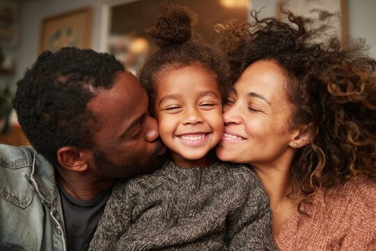 Image of a joyful Black family enjoying time together at home featuring a smiling African American father mother and their young daughter