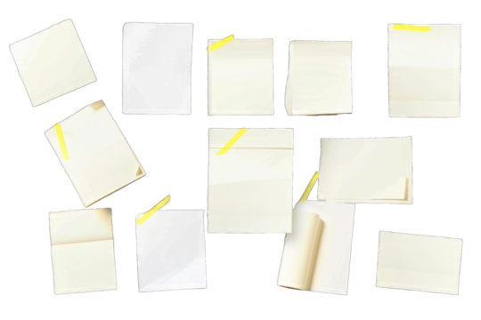 Blank papers, various sizes, affixed to surface, yellow tape