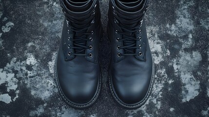 Pair of dark leather combat boots standing on a wet textured surface