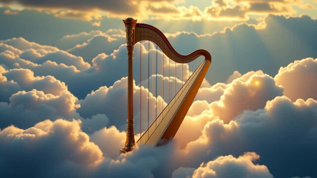 Heavenly Music: A celestial harp rests amid a sea of ethereal clouds, bathed in the golden light of the setting sun, a visual symphony. 