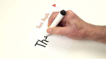 Person writes by hand The JJ - a jealous-judgmental person on a sheet of paper.  Preparation to the psychotherapy training on the topic of Toxic people