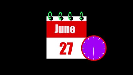 27 June month calendar with time symbol. Simple calendar icon animation and date change of time month.Analog calendar design month concept animation 4k video.
