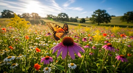 A butterfly rests on a purple flower amidst a vibrant field of colorful blooms under a bright blue sky with wispy clouds, AI Generated.