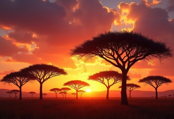 vibrant acacia trees silhouetted dramatic sunset skyline colorful horizon glowing sky natural beauty, nature, clouds, landscape, dusk, orange, pink, purple