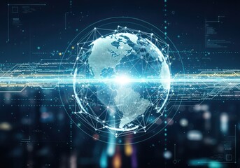 Obraz premium Digital Earth Globe with Glowing Connections on Dark Abstract Background