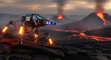 A futuristic glowing robot walker stands on a dark volcanic landscape with multiple erupting volcanoes and flowing lava.