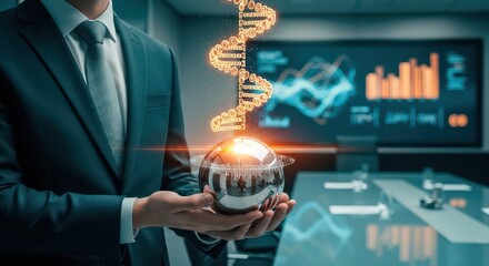 Businessman holding a glowing D N A helix above a reflective sphere in a modern office setting
