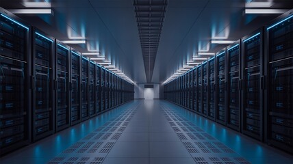Fototapeta premium Data Center Server Room with Rows of Rack Mounted Servers for Cloud Computing and Data Storage Solutions with Cool Blue Illumination
