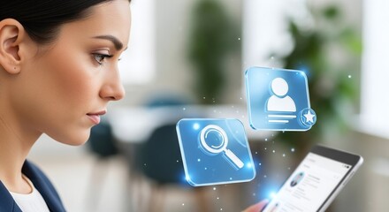 Professional woman using smartphone with AR icons for digital job search and recruitment