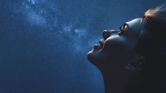 Young woman is looking up at the stars in the sky   with artistic and abstract styling