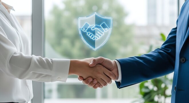 Professional handshake with glowing digital shield icon representing secure business deal - Powered by Adobe