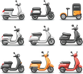 Various scooter designs including delivery and classic models perfect for urban travel and lifestyle themes