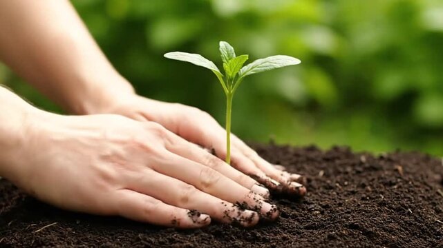A seedling is being planted with soil being packed around it by two hands with a green background