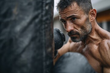 Fit adult male working out with a black punching bag in an outdoor gym Fitness and health theme Selective focus Horizontal image