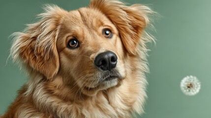 Obraz premium Fluffy golden retriever with pollen grain symbolizes canine allergy struggle