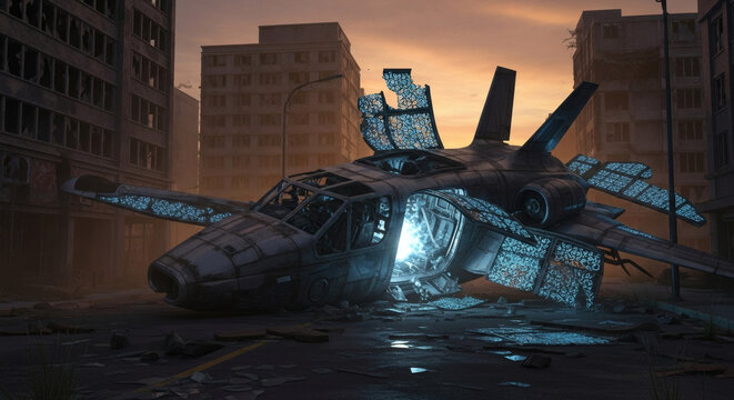 A destroyed aircraft lies in a desolate urban landscape at dusk with a warm orange sky. - Powered by Adobe