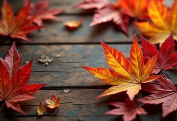 vibrant autumn leaves rustic wooden background nature fall colors, red, yellow, orange, brown, texture, forest, season, scenery, branch, landscape, foliage